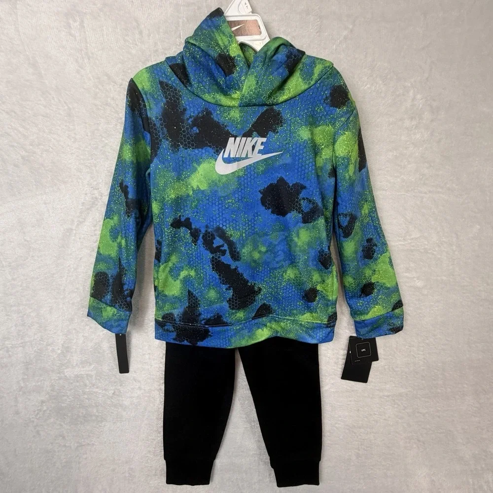 Nike Hoodie Jogger Sweatpants 2 Pc Boys 4T Black Blue Green Fleece Pockets NWT